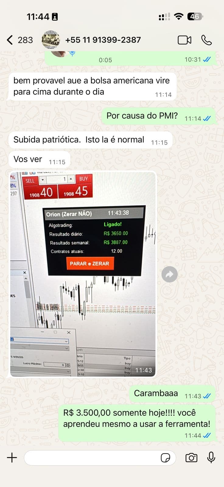 Mensagem de cliente com o resultado dos robôs Apollo e Orion