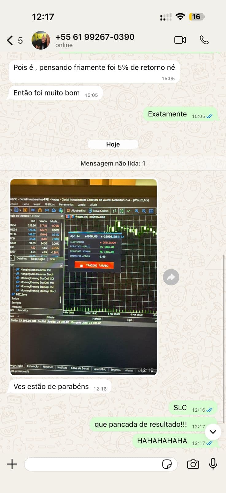 Mensagem de cliente com o resultado dos robôs Apollo e Orion