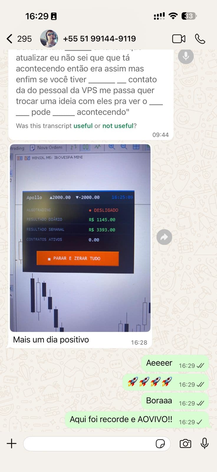Mensagem de cliente com o resultado dos robôs Apollo e Orion